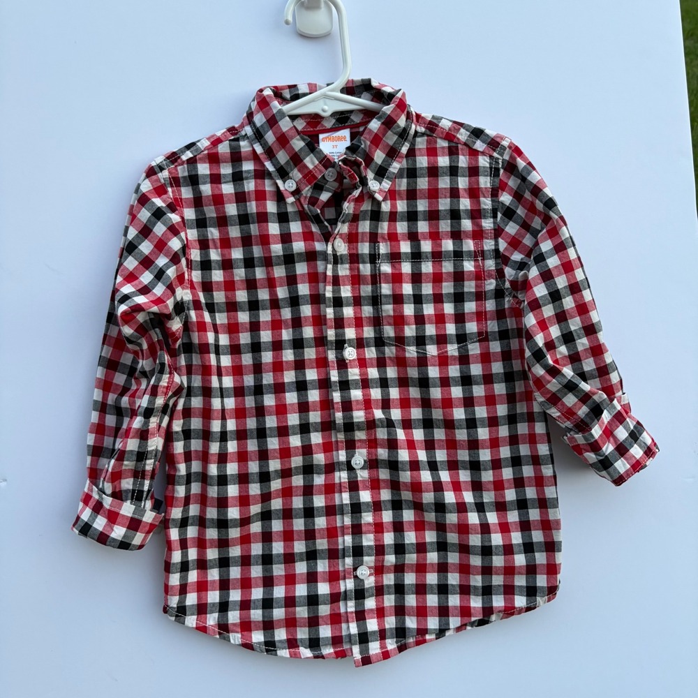 Gymboree Boys 3T Red Black Plaid Button‎ Down Shirt Long Sleeve Cotton 140135367